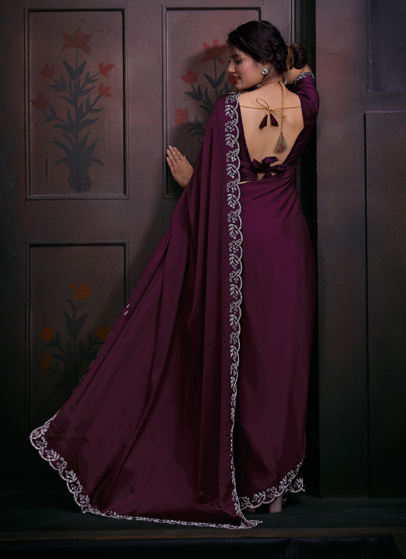 Burgundy Embellished Satin Georgette Saree