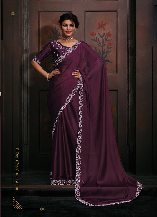 Burgundy Embellished Satin Georgette Saree