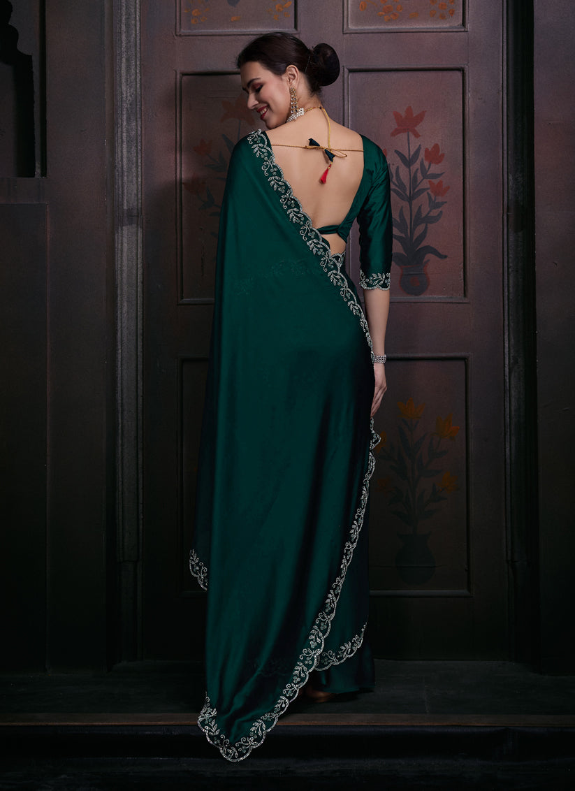 Rama Green Embellished Satin Georgette Saree