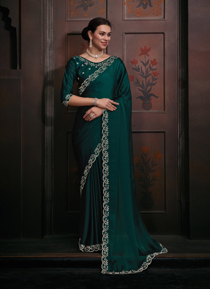 Rama Green Embellished Satin Georgette Saree