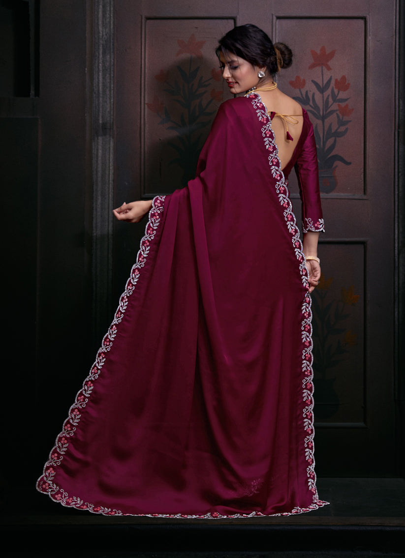 Wine Embellished Satin Georgette Saree