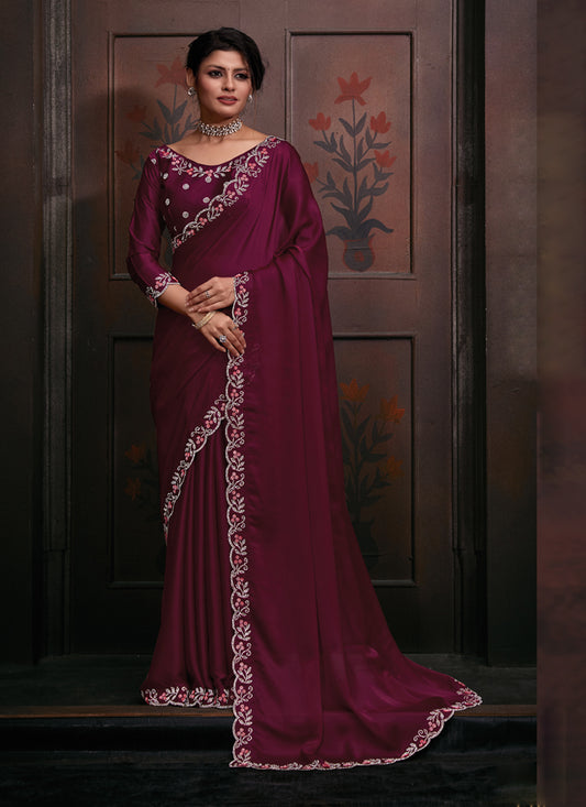 Wine Embellished Satin Georgette Saree