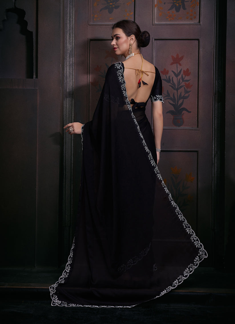 Black Embellished Satin Georgette Saree