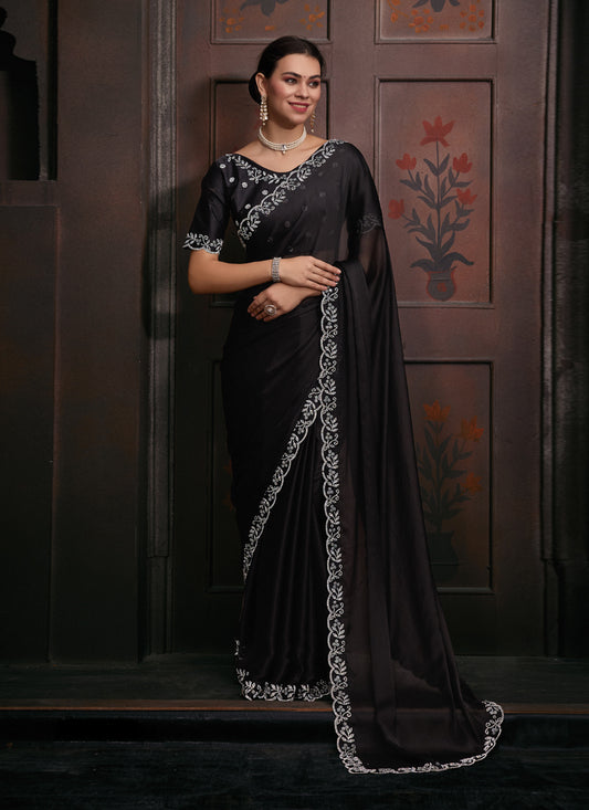 Black Embellished Satin Georgette Saree