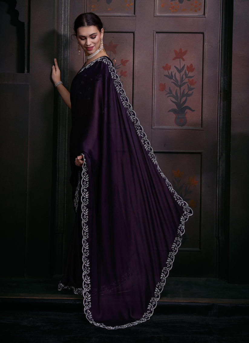 Eggplant Embellished Satin Georgette Saree