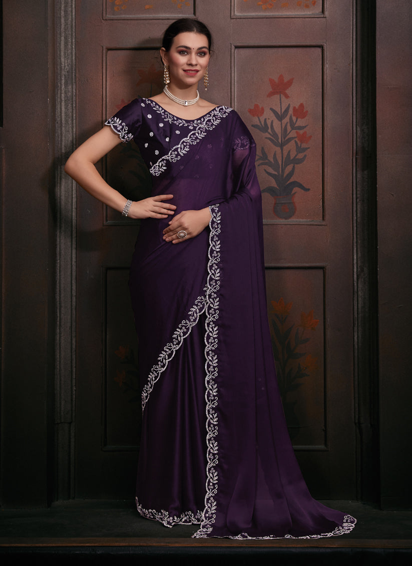 Eggplant Embellished Satin Georgette Saree