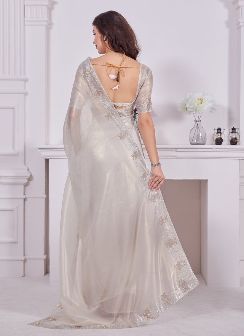 Pearl White Embellished Coated Net Saree