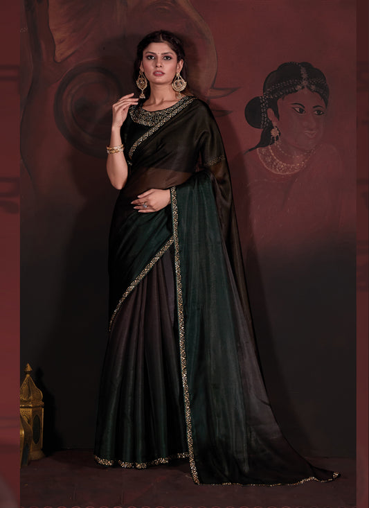 Oak Brown and Pine Green Embellished Pure Satin Georgette Saree