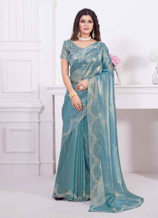 Sky Blue Embellished Net Saree