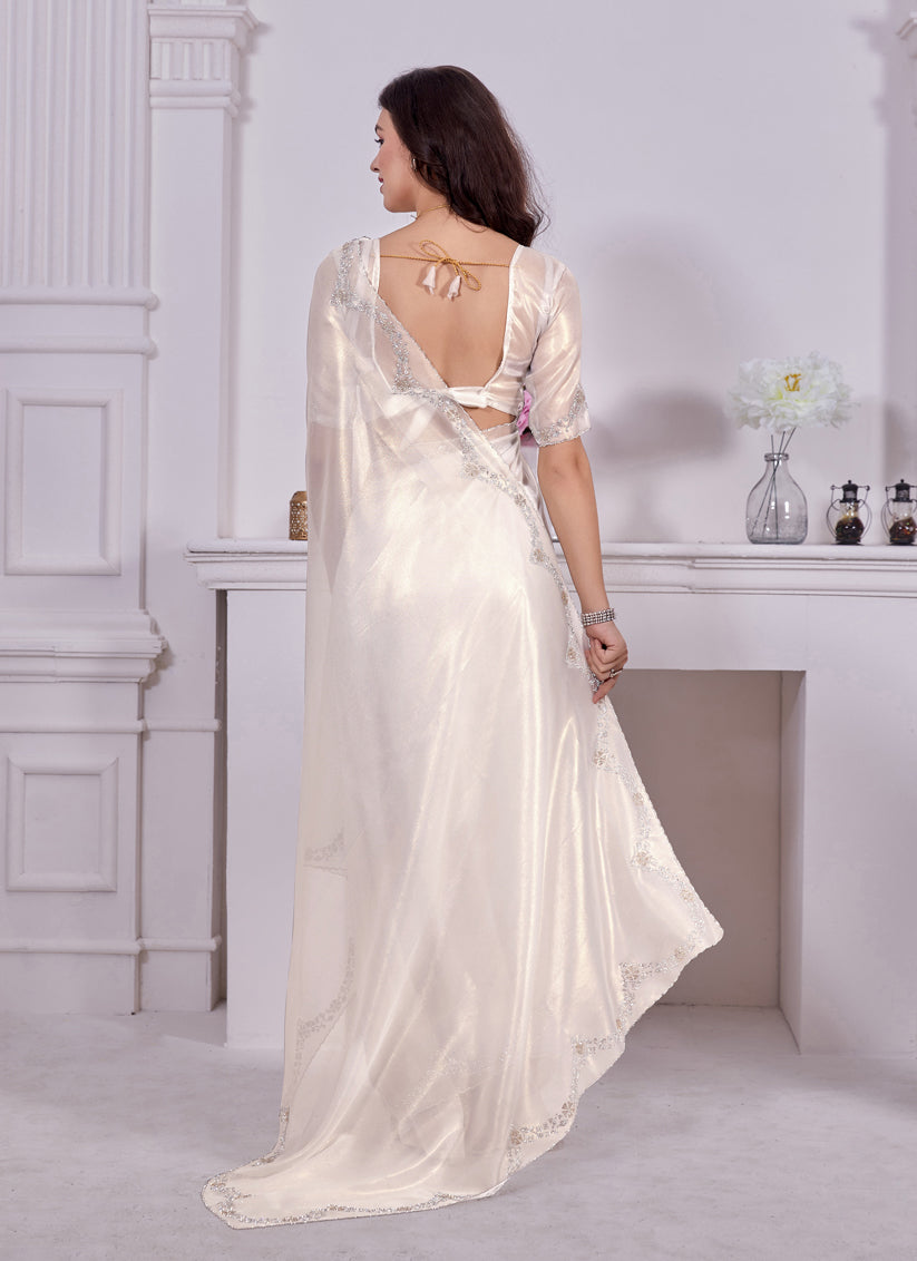 Pearl White Embellished Net Saree