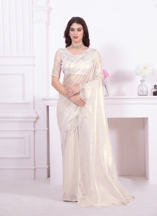 Pearl White Embellished Net Saree