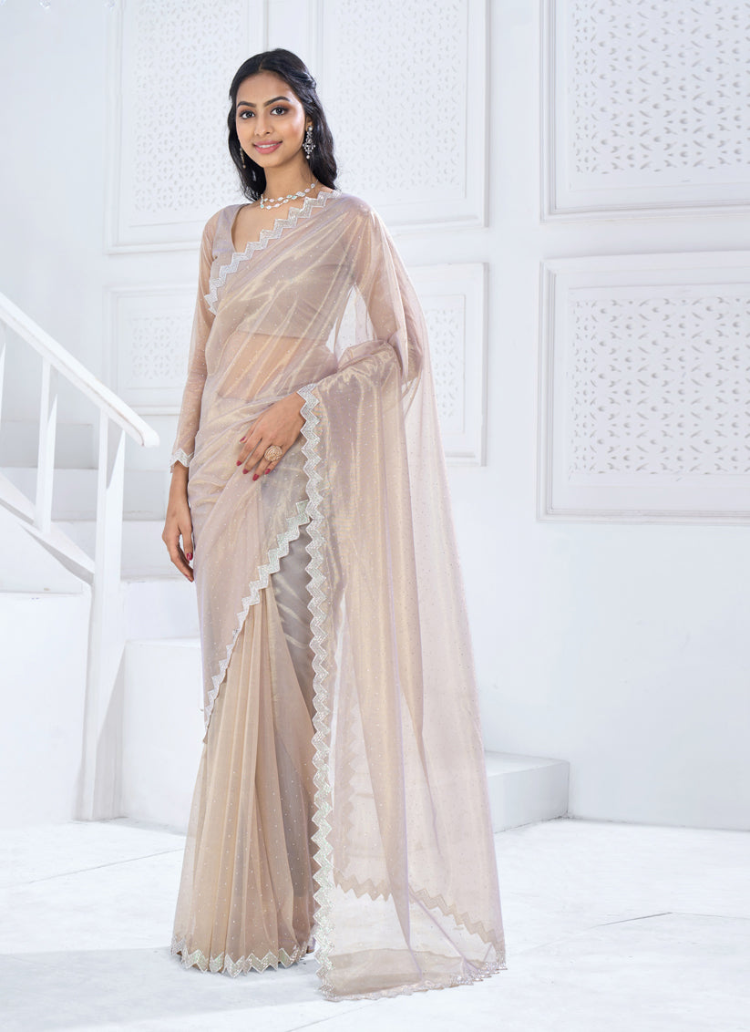 Ash Grey Embellished Organza Saree