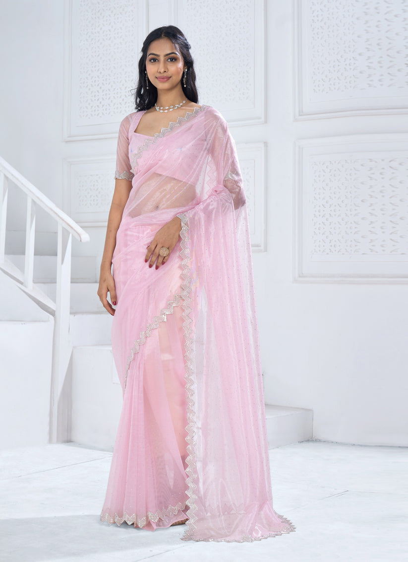 Blush Pink Embellished Organza Saree