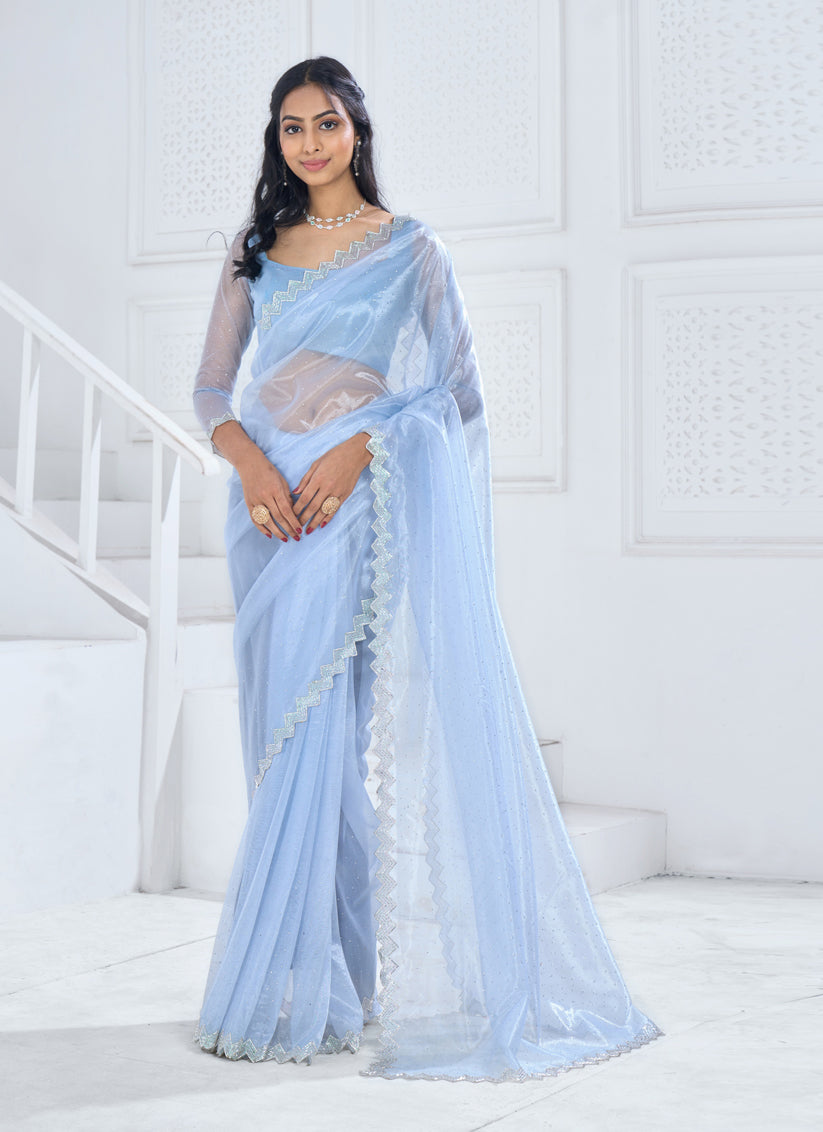 Powder Blue Embellished Organza Saree