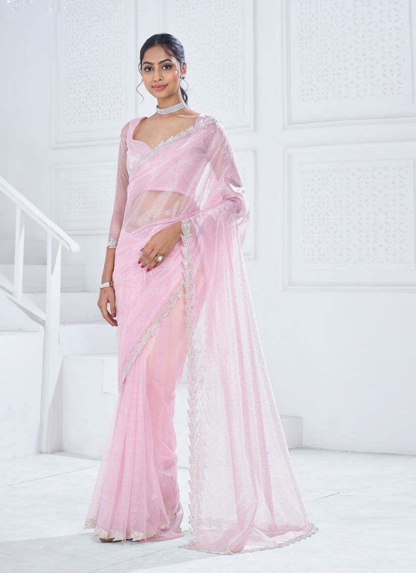 Rose Pink Organza Party Wear Saree