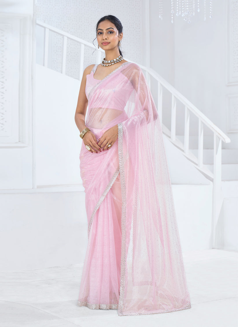 Blush Pink Embellished Organza Saree