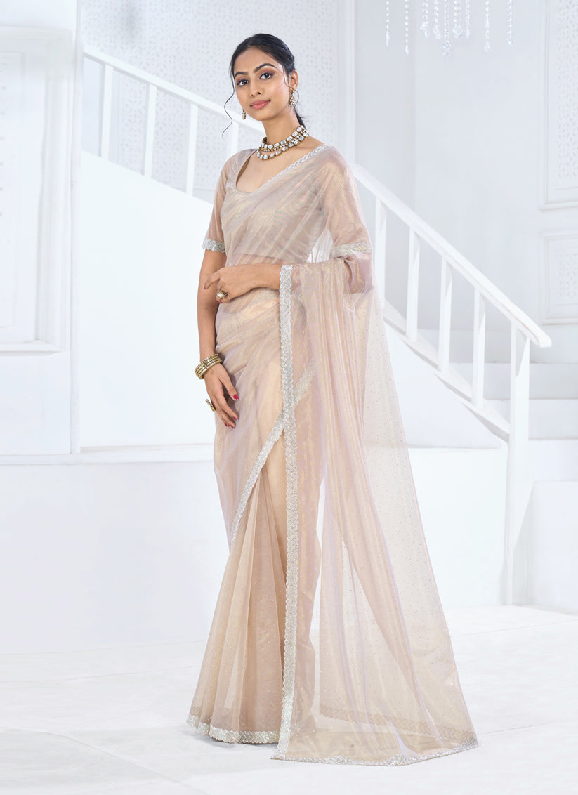 Beige Embellished Organza Saree