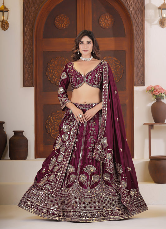 Elegant Maroon Chinnon Silk Lehenga Choli with Intricate Sequin & Zari Work