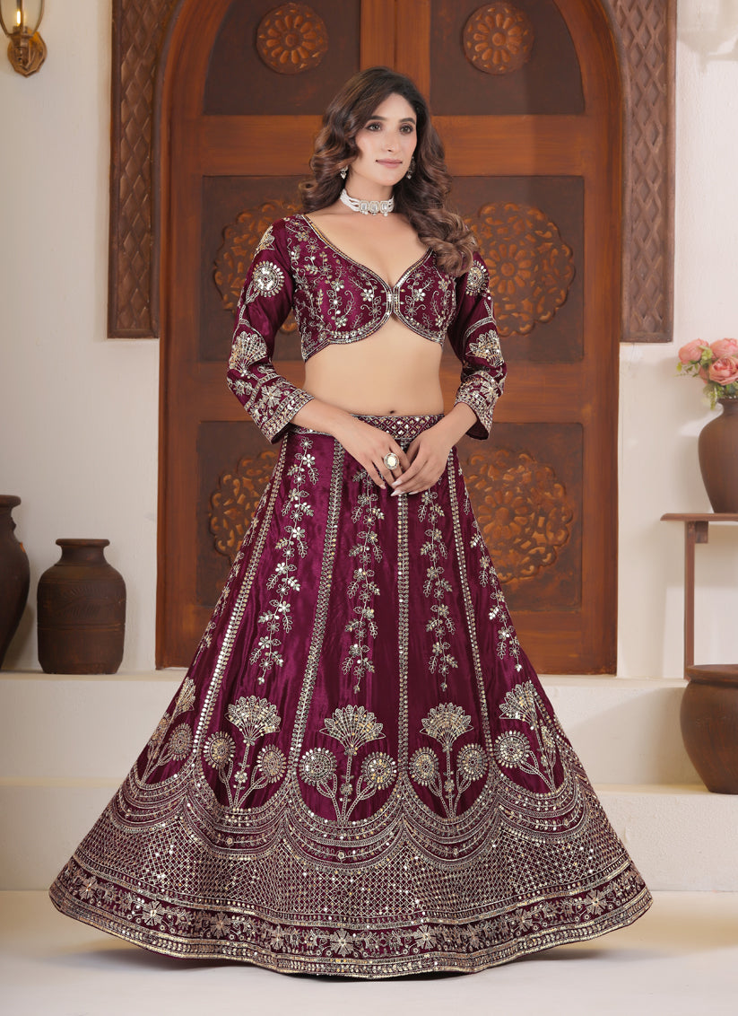 Elegant Maroon Chinnon Silk Lehenga Choli with Intricate Sequin & Zari Work