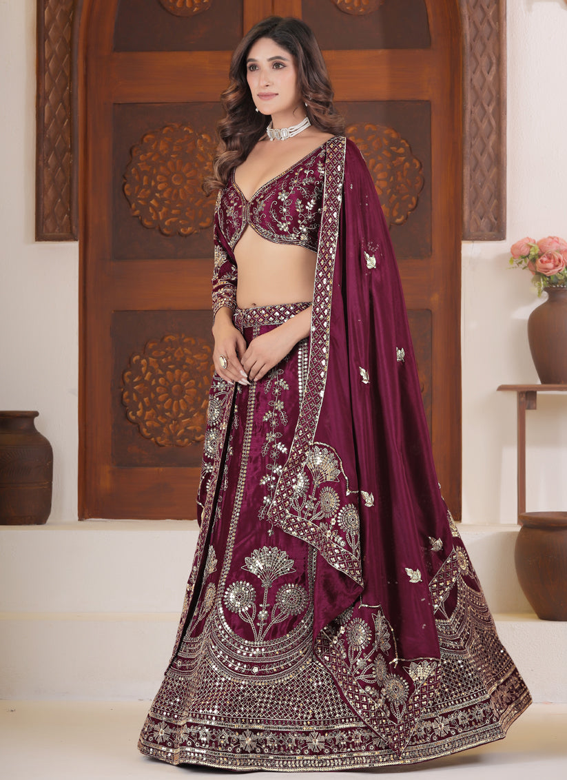 Elegant Maroon Chinnon Silk Lehenga Choli with Intricate Sequin & Zari Work