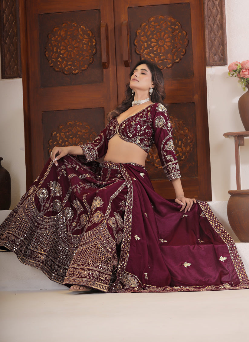 Elegant Maroon Chinnon Silk Lehenga Choli with Intricate Sequin & Zari Work