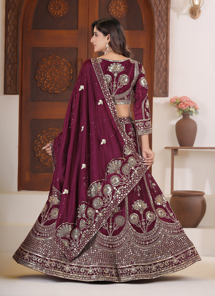 Elegant Maroon Chinnon Silk Lehenga Choli with Intricate Sequin & Zari Work