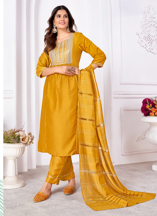 Golden Yellow Silk Sequins Embroidered Pant Kameez Suit