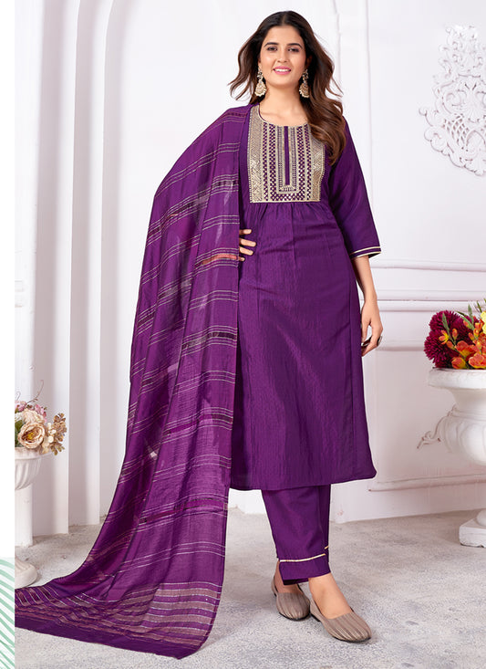 Purple Silk Sequins Embroidered Pant Kameez Suit