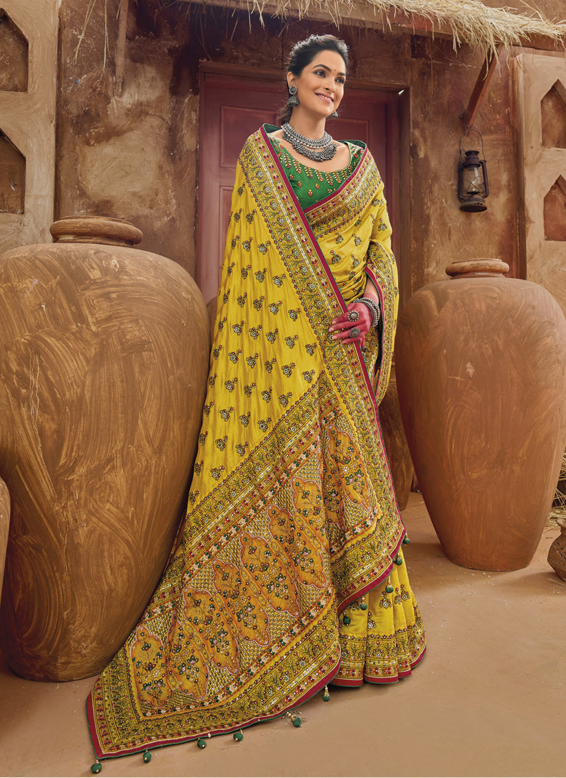 Maize Yellow Pure Kutchi Work Banarasi Silk Designer Saree