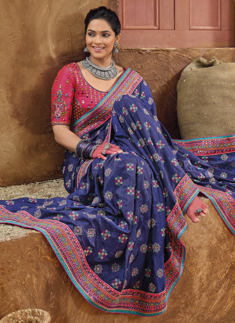 Violet Pure Kutchi Work Banarasi Silk Designer Saree