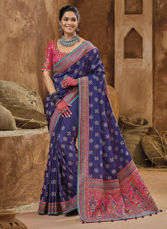 Violet Pure Kutchi Work Banarasi Silk Designer Saree