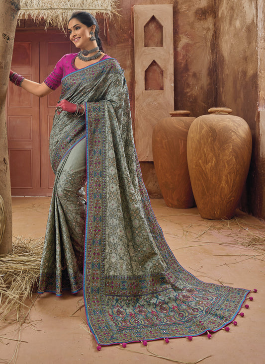 Moss Grey Pure Kutchi Work Banarasi Silk Designer Saree
