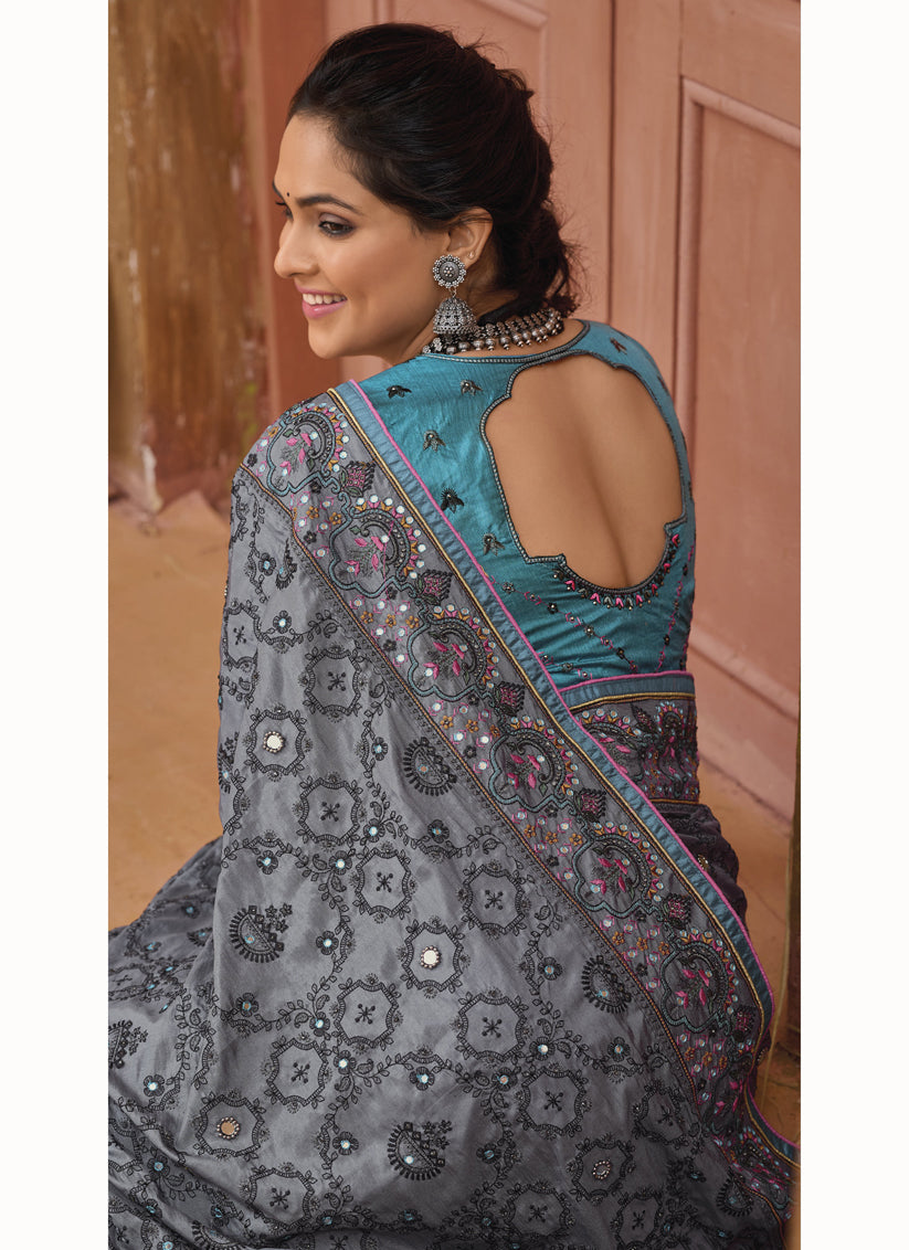 Stone Grey Pure Kutchi Work Banarasi Silk Designer Saree
