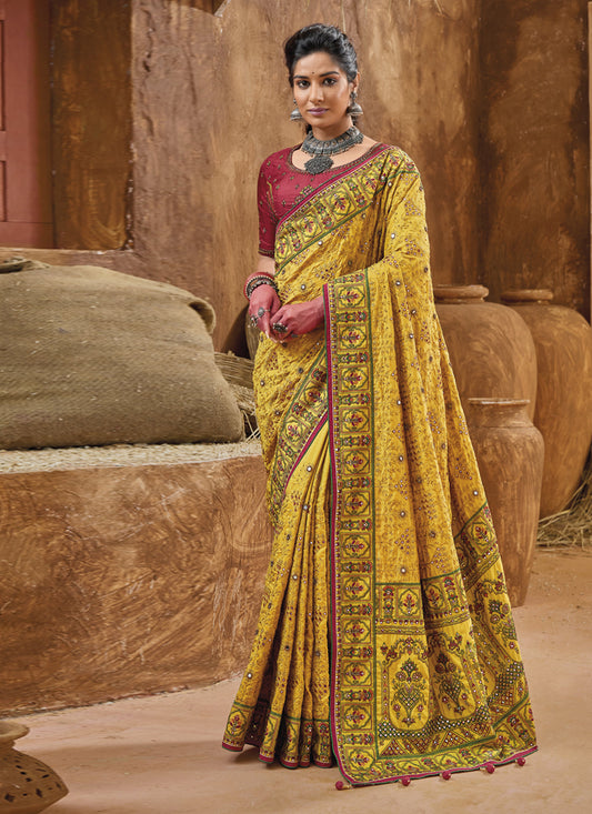 Maize Yellow Pure Kutchi Work Banarasi Silk Designer Saree