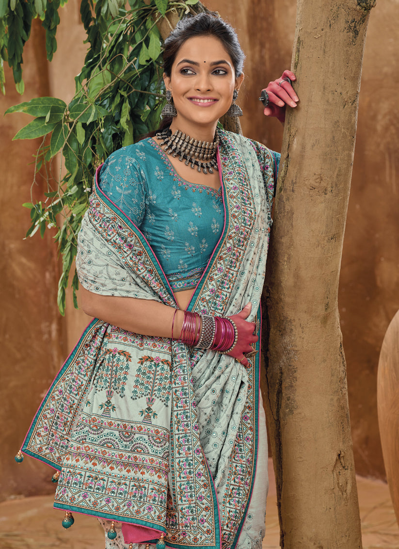 Mint Grey Pure Kutchi Work Banarasi Silk Designer Saree