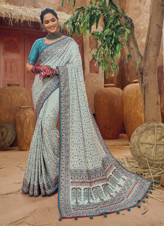 Mint Grey Pure Kutchi Work Banarasi Silk Designer Saree