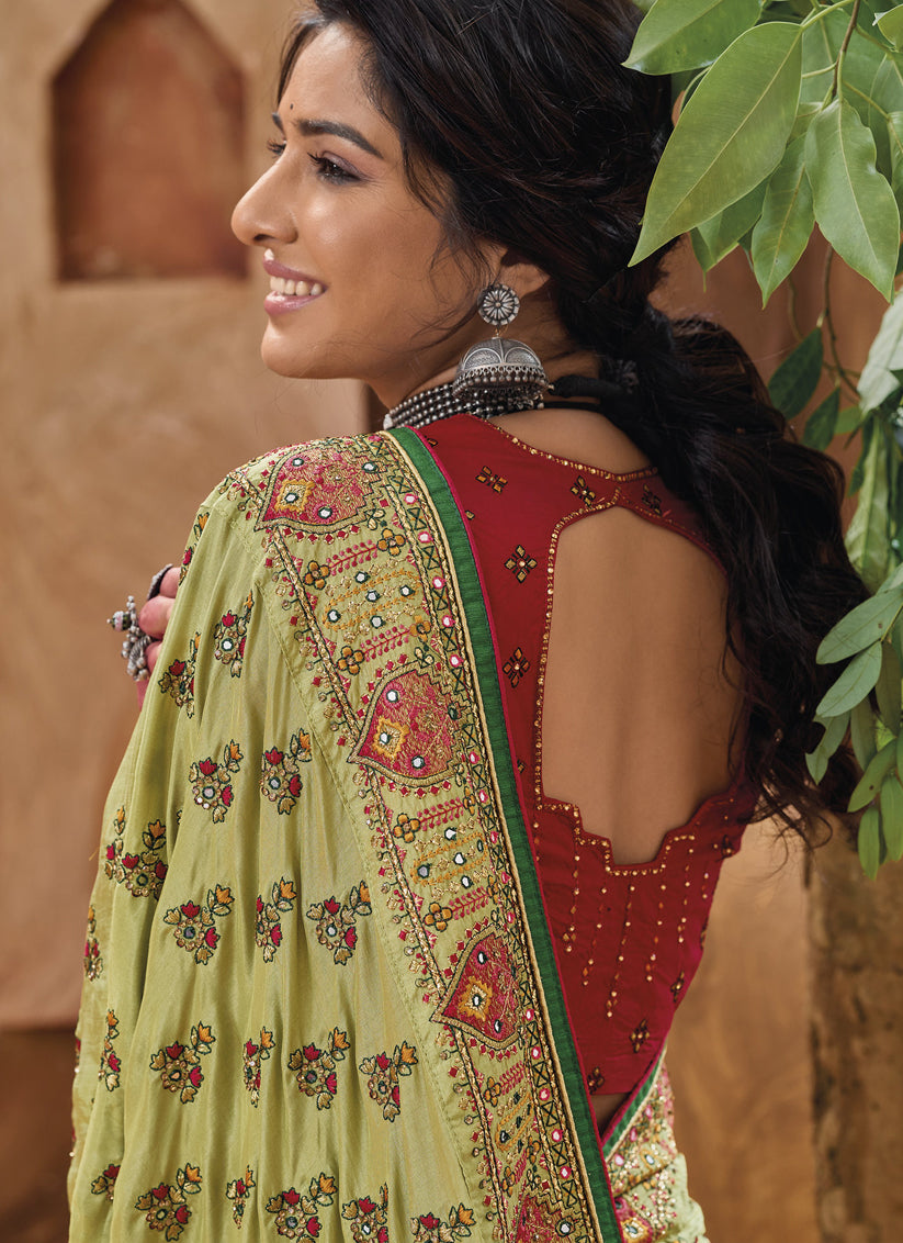 Green Pure Kutchi Work Banarasi Silk Designer Saree