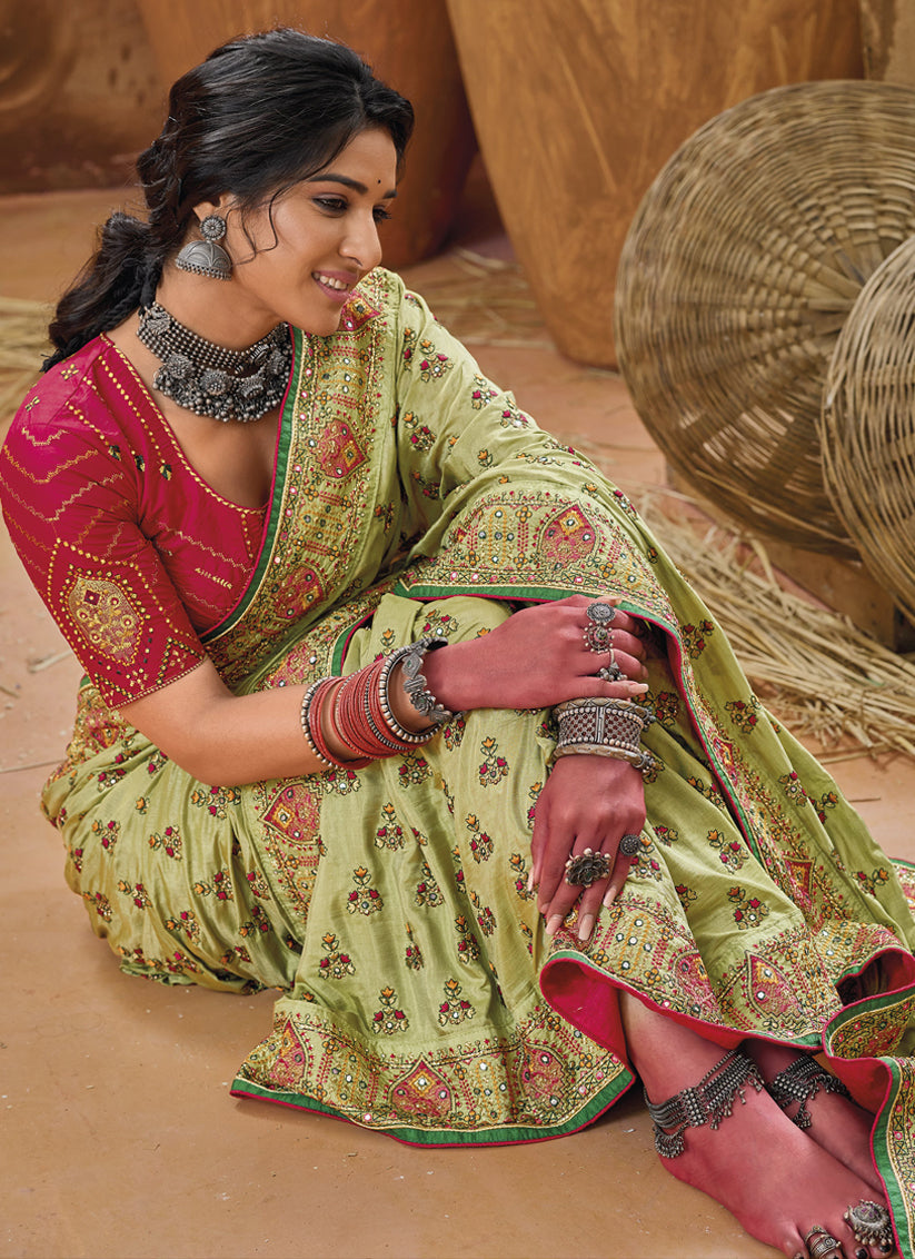 Green Pure Kutchi Work Banarasi Silk Designer Saree