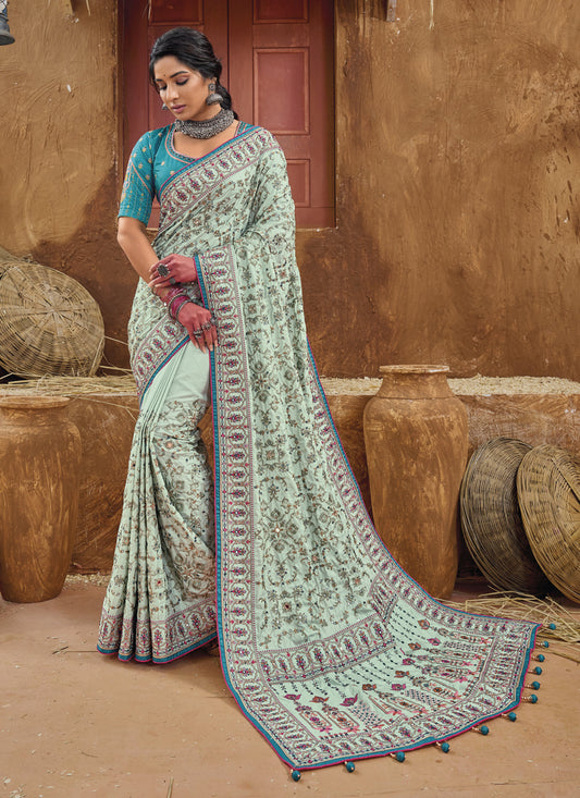 Ice Mint Pure Kutchi Work Banarasi Silk Designer Saree