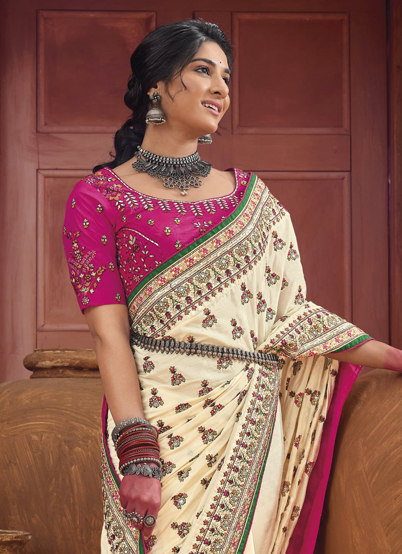 Cream Pure Kutchi Work Banarasi Silk Designer Saree