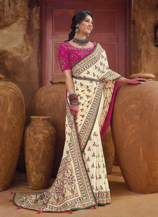 Cream Pure Kutchi Work Banarasi Silk Designer Saree