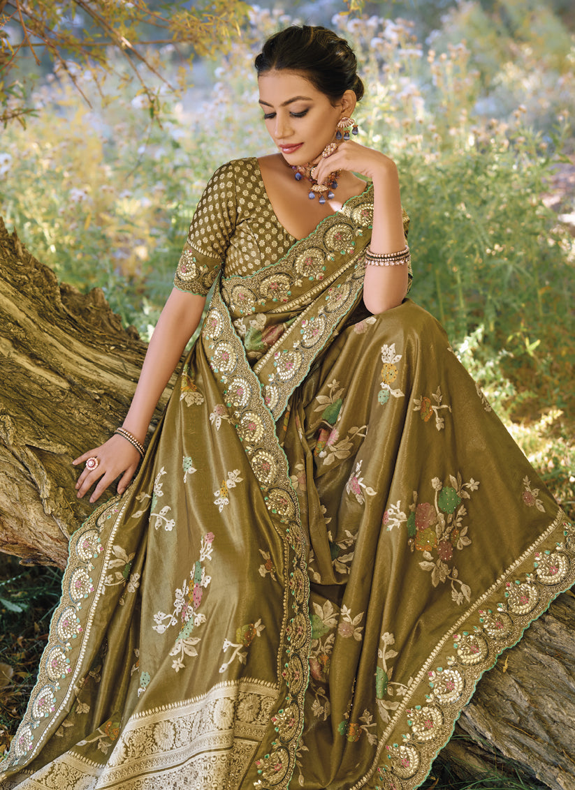 Mehendi Green Pure Banarasi Zari Designer Saree