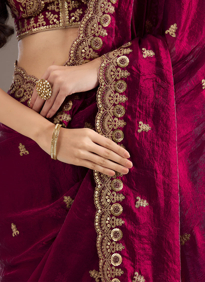 Magenta  Designer Tissue Saree with Embroidery and Sequin Work