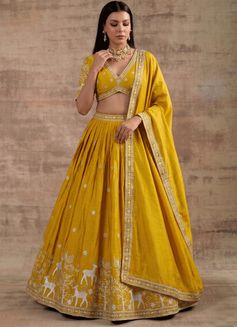 Mustard Satin Silk Embroidered Lehenga Choli for Women