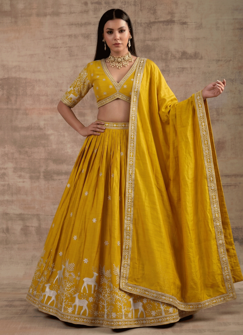 Mustard Satin Silk Embroidered Lehenga Choli for Women