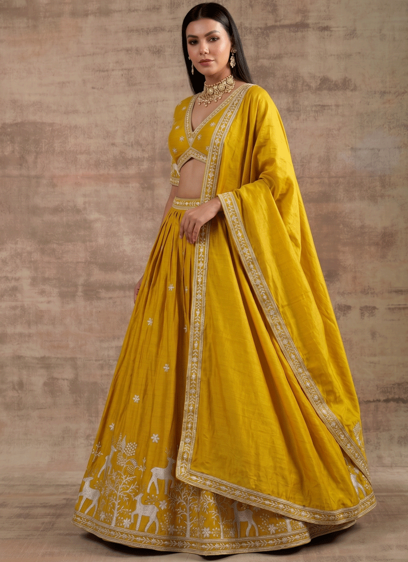Mustard Satin Silk Embroidered Lehenga Choli for Women