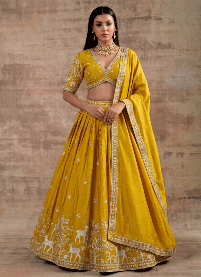 Mustard Satin Silk Embroidered Lehenga Choli for Women