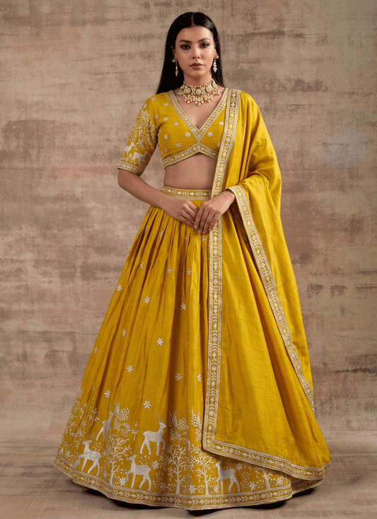 Mustard Satin Silk Embroidered Lehenga Choli for Women