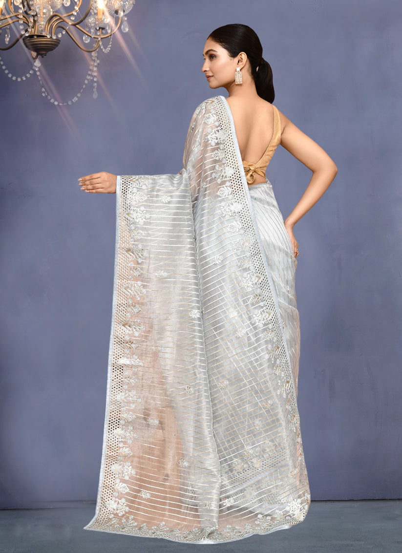 Silver Jacquard Embroidered Designer Wedding Saree