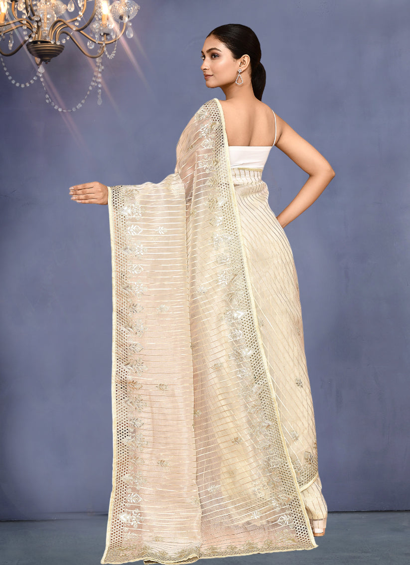 Cream Jacquard Embroidered Designer Wedding Saree